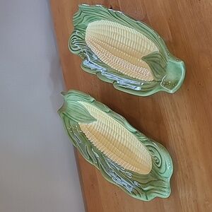 VINTAGE Ceramic Handpainted Corn Cob Butter Roller Serving Dish, Set of 2